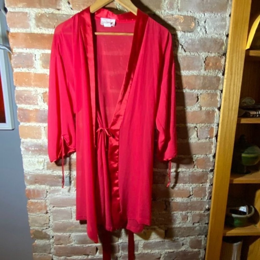 Vintage Dentelle Sheer Robe Satin Trim Belted M